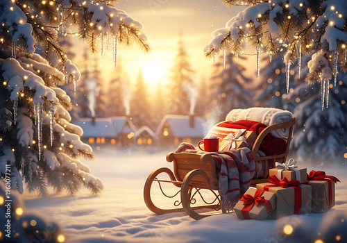 Winter scene featuring a sleigh presents and snow covered trees during sunset