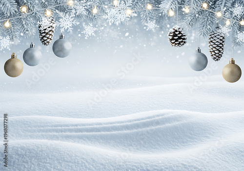 Winter wonderland scene with snowflakes ornaments pinecones and lights for season