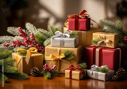 Wrapped gift boxes with bows and festive decorations on a wooden surface