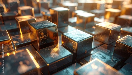 Abstract grid of metallic cubes, softly lit