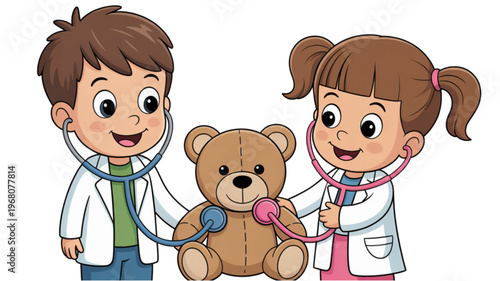 A family of cartoon characters with their teddy bear in a cozy setting Vector