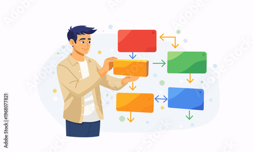 Person organizing financial blocks representing tax process, workflow steps, accounting structure and data organization in a flat vector style.