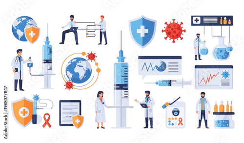 Colorful cartoon illustration of scientists examining virus under microscope in advanced lab setting
