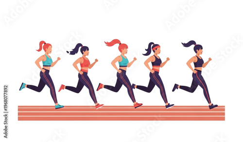 Colorful cartoon illustration of women running together on track for marathon and cardio training