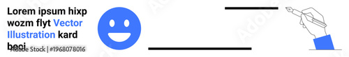 Communication, graphic design, writing, creativity, emotions, content creation. Blue happy face, text and hand with pen. Communication and creativity as primary