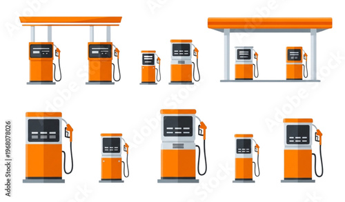 Flat illustration set of modern orange fuel pumps of varying sizes on white background