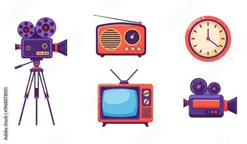 Retro media illustration set with vintage movie camera, old radio, TV, wall clock, and video camera