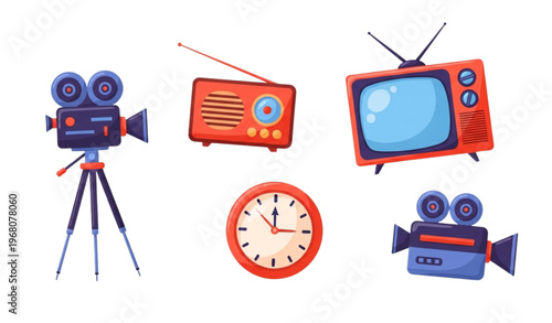 Colorful flat illustration of retro media collection with vintage movie camera, radio, TV, clock, and video camera