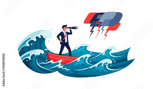 Flat illustration of businessman on boat with spyglass navigating stormy seas for business strategy and vision