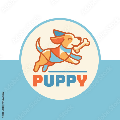 This delightful logo features a happy puppy illustration, exuding playful energy and warmth, ideal for pet-related businesses focused on joy and companionship with bright colors and fun style.