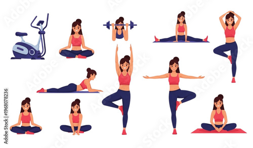 Colorful young woman workout and yoga illustration set performing fitness exercises in flat style