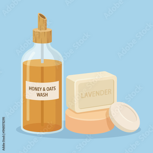 An aesthetically pleasing arrangement of a honey and oats wash alongside lavender soap, highlighting a focus on natural skincare and wellness in an inviting, soothing style.
