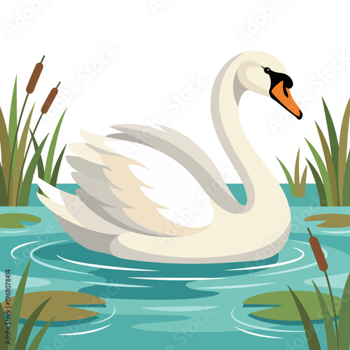 This serene image captures an elegant swan gliding gracefully across tranquil waters, symbolizing beauty, tranquility, and the natural harmony of aquatic life in a peaceful setting.