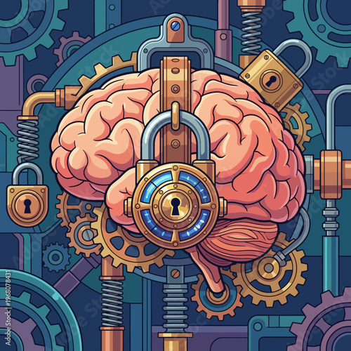 This illustration combines a brain with gears and padlocks, representing the complexity of thought, security, and the intersection of technology and human cognition.