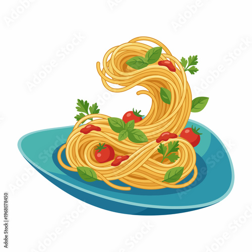 This playful illustration features a wave of spaghetti topped with tomatoes and herbs, emphasizing the joy of cooking and the creative possibilities within the culinary arts.