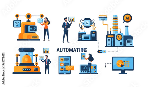 Flat illustration of robotics and automation driving business innovation and industrial growth