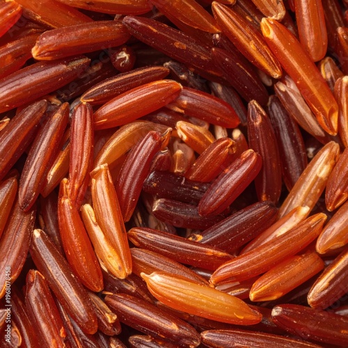 Close-up texture of scattered, reddish-brown, long-grain rice