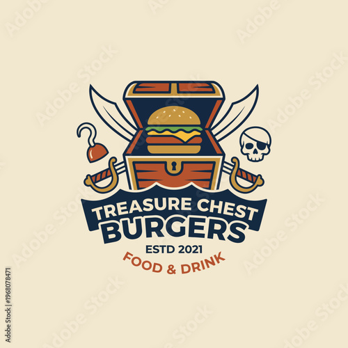 A playful logo featuring a treasure chest filled with a delicious burger and crossed swords, symbolizing the fun and adventurous spirit of a unique dining experience.