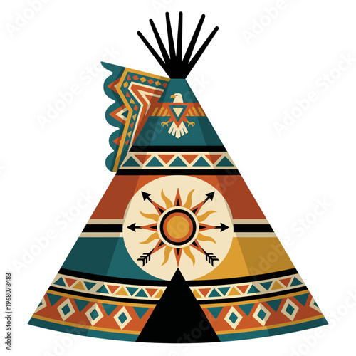 An artistic teepee showcasing vibrant colors and tribal patterns, representing cultural heritage and the simplicity of life connected to nature and tradition.