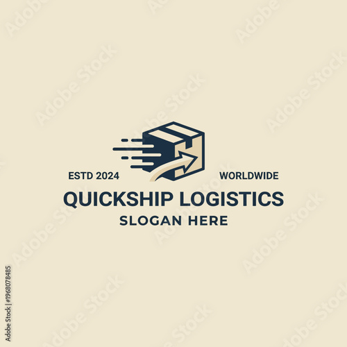 This logo design highlights a moving box with speed lines and an arrow, symbolizing prompt and efficient logistics services for shipping and delivery worldwide.