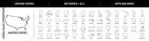 Maps of states of USA. Set of all 50 American States maps of United States + Washington DC icon set in outline
