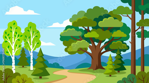 A tranquil landscape showcasing vibrant green trees and a clear blue sky, embodying peace and serenity, inviting viewers to escape into the beauty of nature.