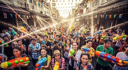 People enjoying water guns and celebrations outdoors during daylight