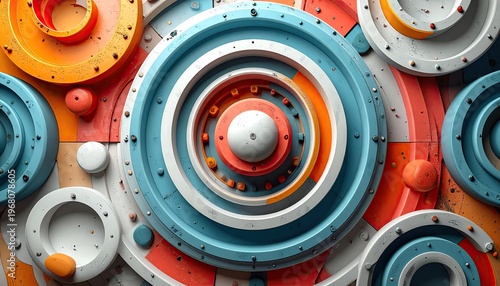 Concentric circles, playful colors, textured surface, depth