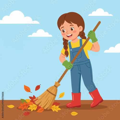 This cheerful image captures a young girl happily raking colorful autumn leaves, representing the joys of childhood and the beauty of nature during fall.