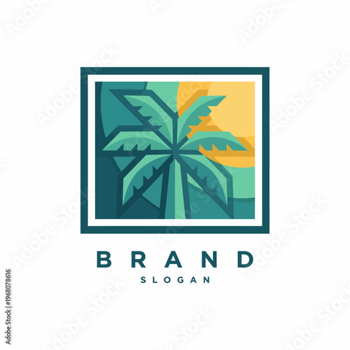 This image features a stylized palm tree within a modern frame, symbolizing relaxation and tropical vibes, suitable for vacation resorts, brands, or outdoor themes.