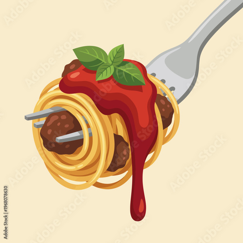 An appetizing depiction of spaghetti and meatballs on a fork, showcasing a culinary delight that is ideal for restaurants, menus, or food-related promotional materials.
