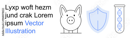 Biosecurity, genetics research, animal science, health safety, laboratory testing, veterinary care. A pig, shield and DNA test the . Biosecurity and genetics research concept