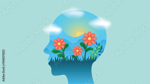 Mental Health concept with flower, mountain and cloud. Modern flat design. Vector illustration	