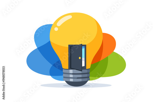 Bright idea light bulb with open door and colorful abstract background.