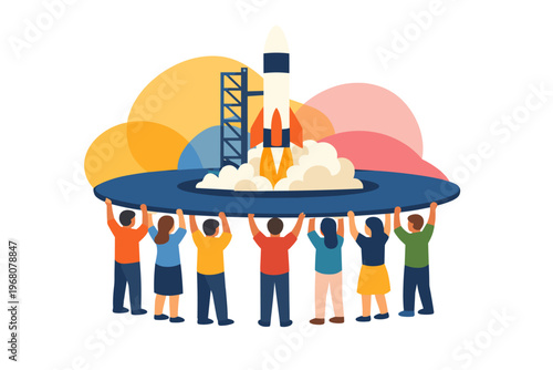 Diverse group of people lifting a rocket launchpad together.