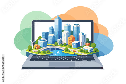 Digital Cityscape on Laptop Screen.