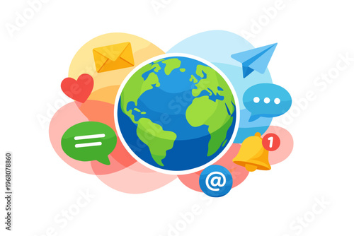 Global communication and social media icons surrounding planet Earth.