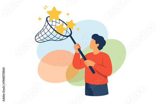 Man catching stars with a net illustration.