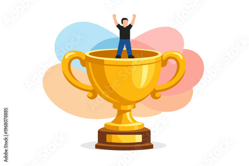 Man standing inside a golden trophy celebrating success.