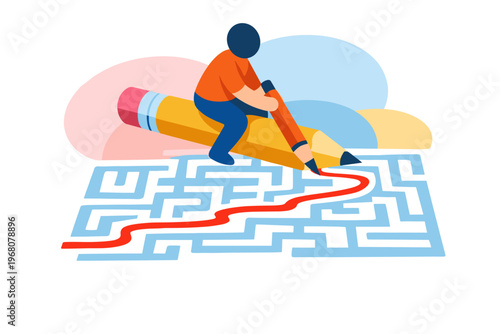Person riding giant pencil solving maze with red line.