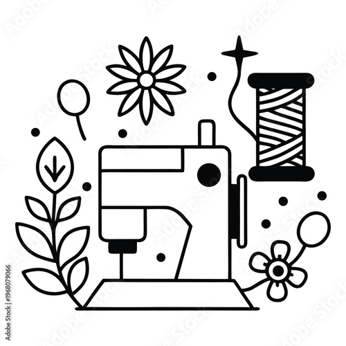 Sewing machine and floral design elements in a simple line drawing style