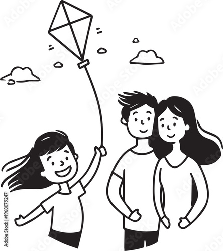 A heartwarming illustration of a family engaged in a recreational activity, flying a kite on a breezy day. This charming illustration is perfect for conveying themes of familial bond.