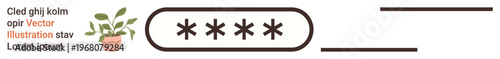 Data security, authentication systems, online login forms, digital access, user data protection, interface design. Password input field with asterisks alongside a plant icon and text. Data security
