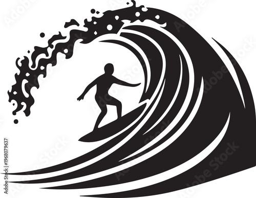 An illustration of a surfer gliding smoothly along the face of a massive wave, highlighting the power of ocean and the thrill of water sports.