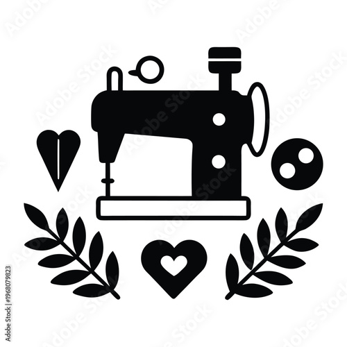 Sewing machine with hearts and leaves