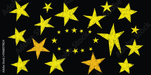 Golden stars on black background in circular pattern with various sizes and brightness