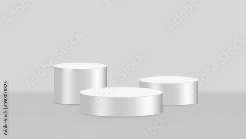 White Cylinder Podium Set, 3D Minimal Winner Stage Platform, Competition Award Pedestal Mockup Vector