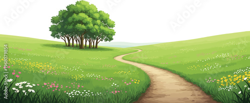 Green Trees on Hill with Colorful Flowers and Winding Dirt Path