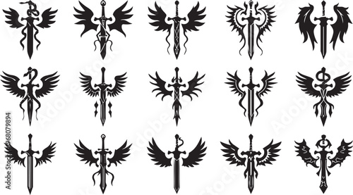 	
Fantasy sword tattoo set, vector linocut magic blade, dragon wings, fairy tale silhouette collection. Mystic legend snake print, spiritual medieval logotype, witchcraft sign. Sword tattoo black desi
