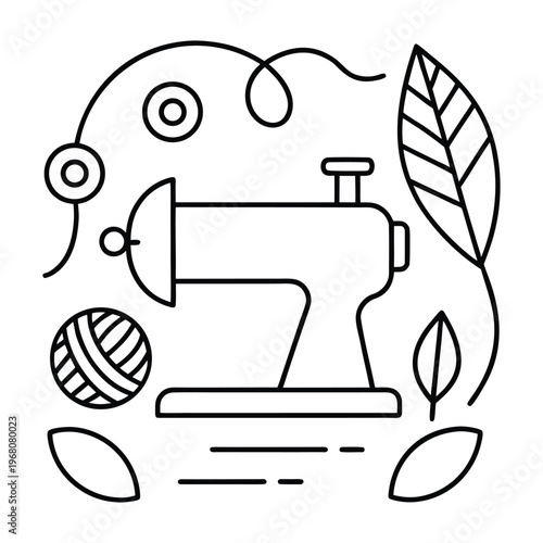 Sewing machine with yarn and leaves illustration